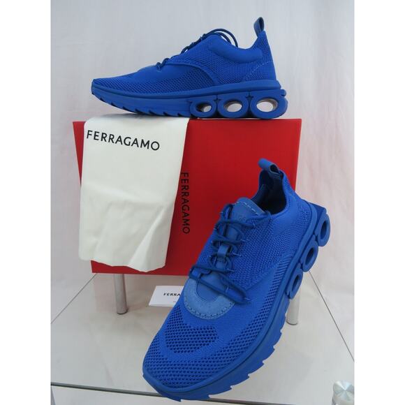 NIB FERRAGAMO BLUE NIMA KNIT MESH LACE LOGO LOW TOP SNEAKERS 10.5 43.5 ITALY - Picture 2 of 16